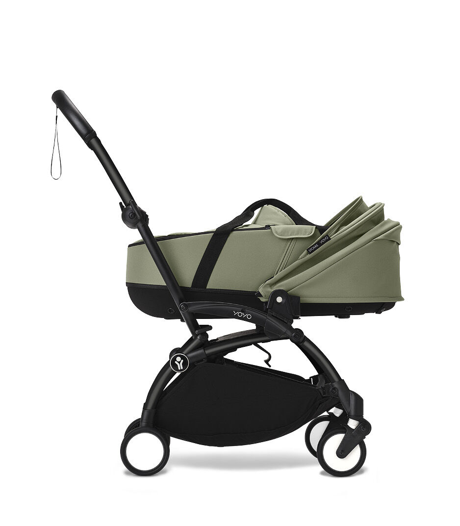 Stokke® YOYO3® Newborn Shell. Black Frame. Olive. Canopy lowered. galery image 12